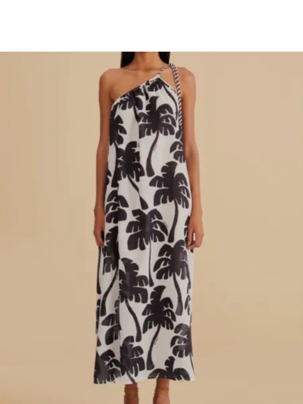FARM Rio XS One-Shoulder Maxi Dress in Black White Coconut Palm braided cord